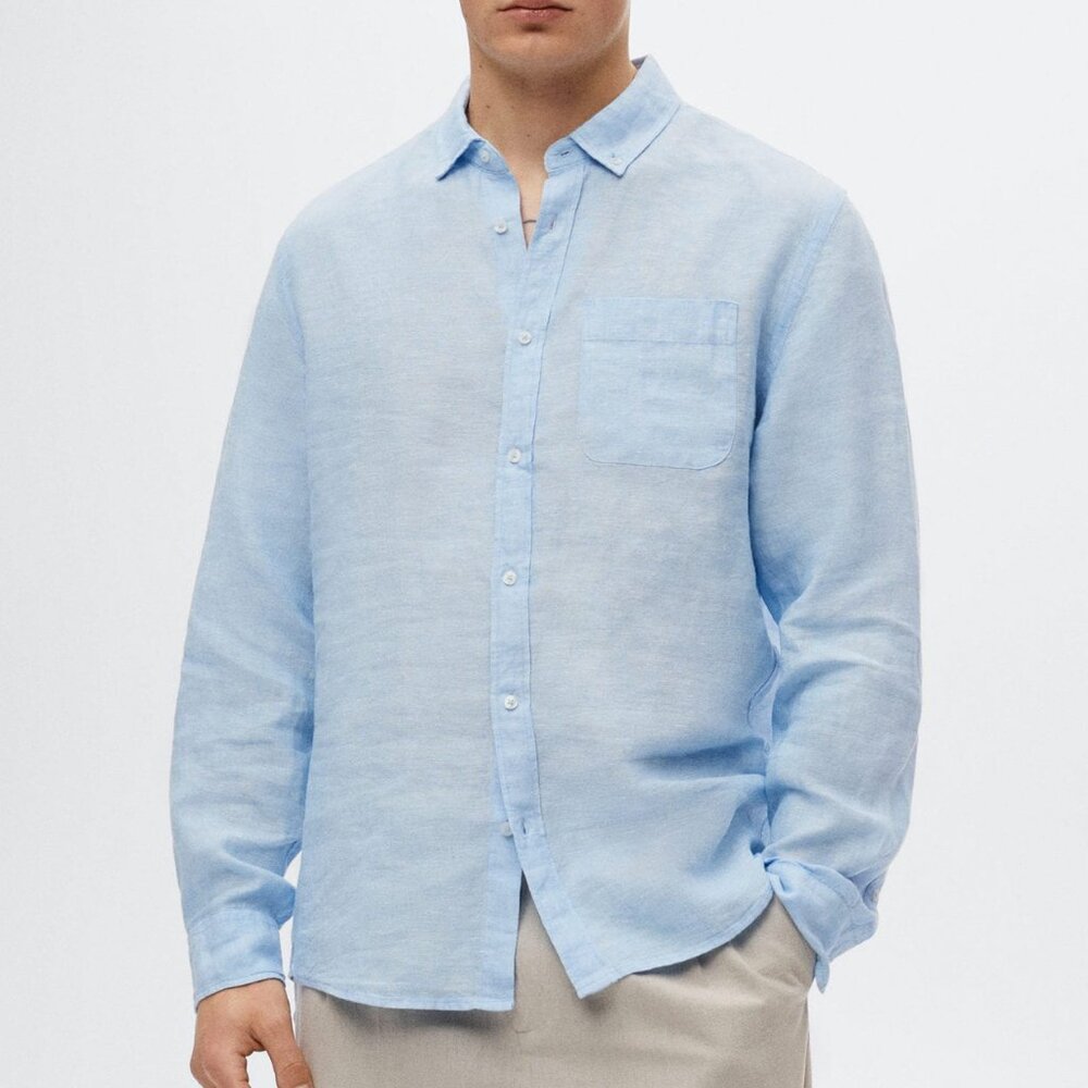 Mango 100% Linen L/S Shirt Sky Blue S NWT